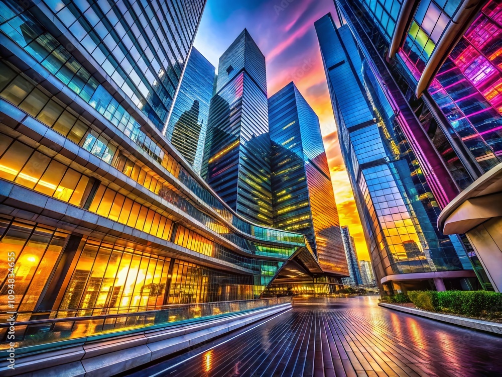 Poster architectural photography of modern urban structures with a focus on model recognition technology in