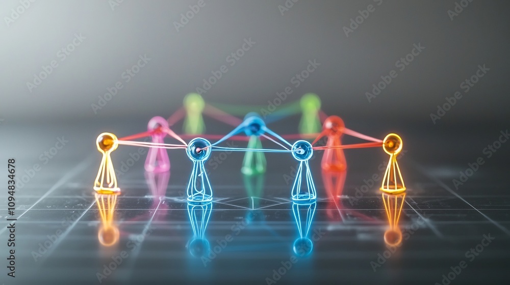 Poster Vibrant neon gaming pieces in a dynamic digital network connected by glowing lines on a reflective modern surface   representing the power of interconnectivity and technological advancement