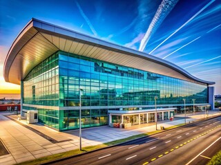 Naklejka premium Architectural Photography of Manchester England Airport Showcasing Modern Design, Dynamic Structures, and Unique Aesthetic Elements in a Captivating Urban Landscape