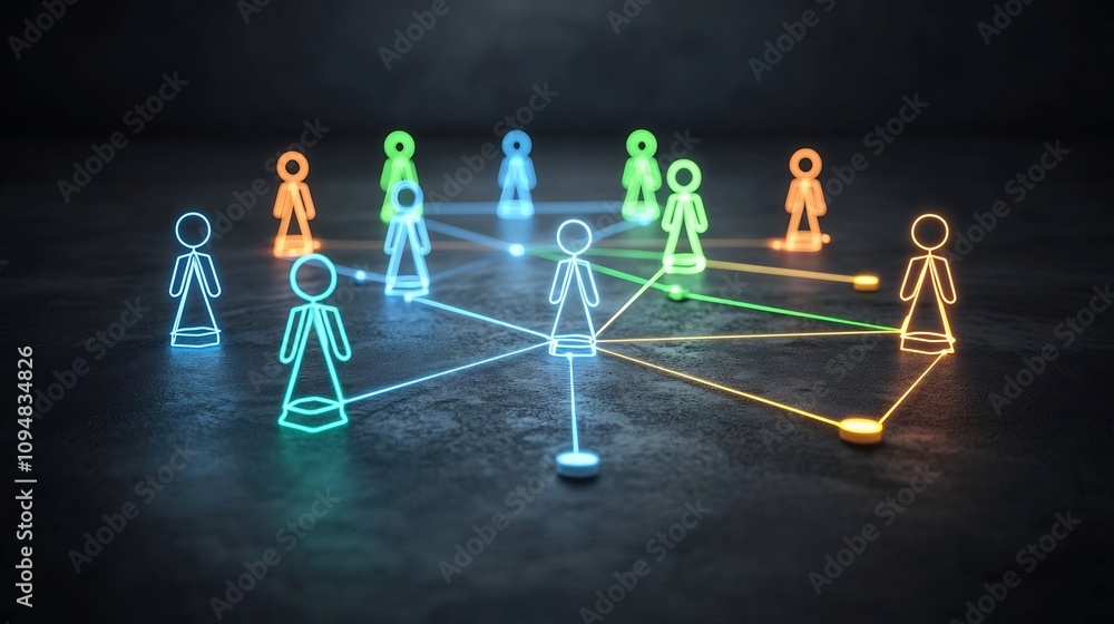 Poster neon colored game pieces in a network formation glowing brightly on a sleek black surface representi