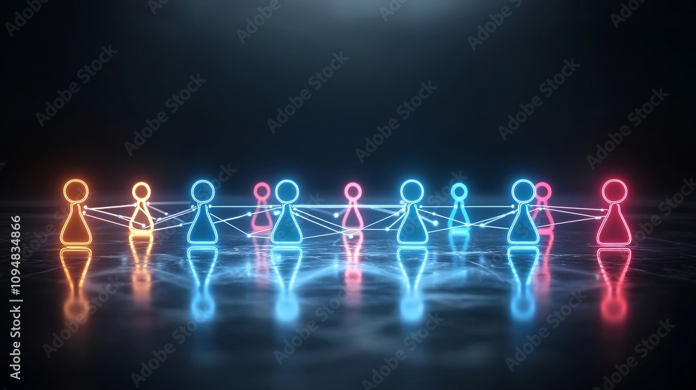 Leinwandbilder A futuristic neon network of interconnected game pieces with glowing lines forming a reflective and dark surface that symbolizes the concept of teamwork in a digital technological environment