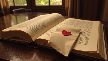 Book with heart-sealed letter tucked inside, warm interior setting, romantic ambiance