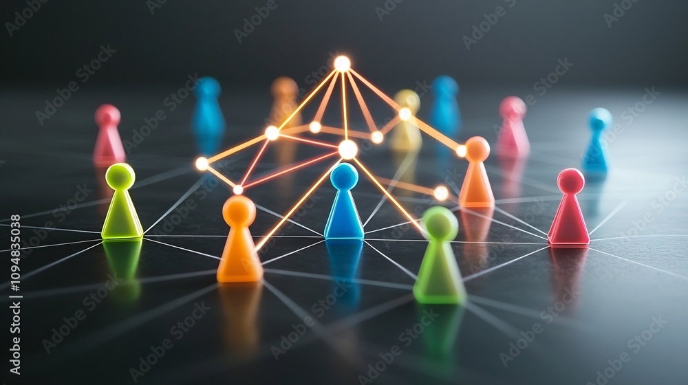 Poster Neon colored game pieces connected by glowing lines creating a visually striking network of and interconnectedness on a dark reflective surface  This abstract