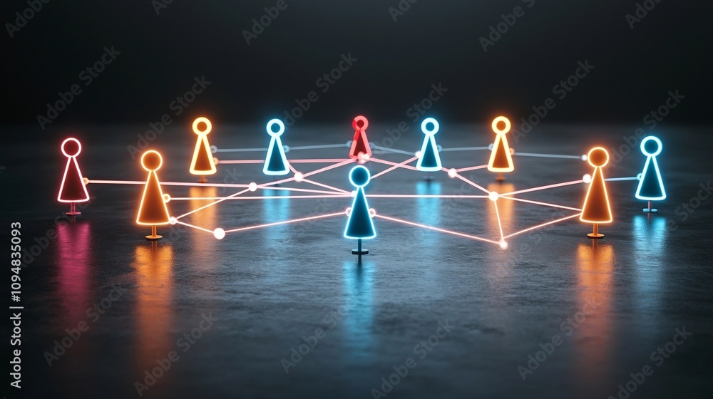 Poster Neon colored game pieces connected by glowing lines creating a futuristic network of and interaction on a dark reflective surface