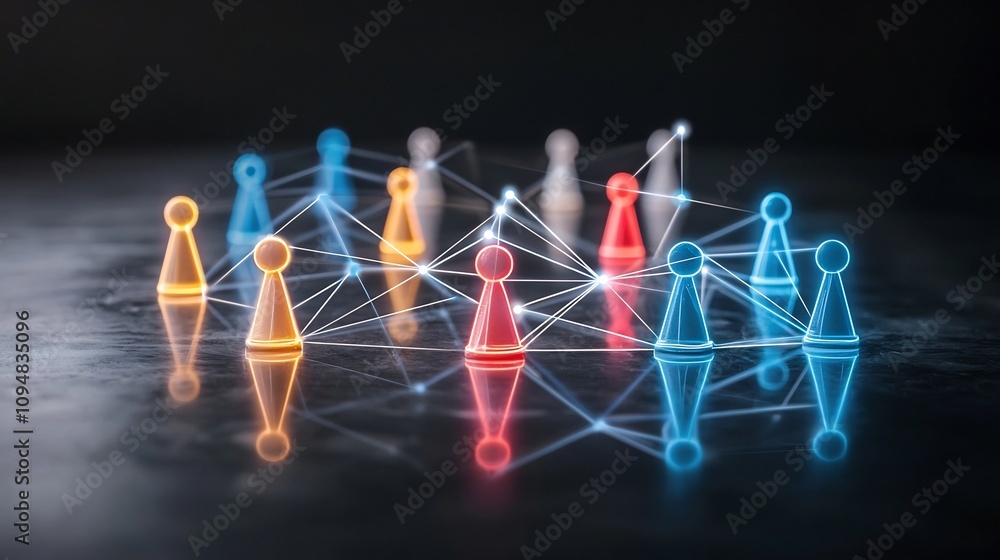Poster Neon colored game pieces connected by glowing lines creating a dynamic collaborative network on a dark reflective surface  Representing the concept of teamwork unity and innovation in a modern