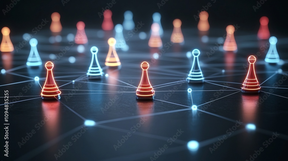 Aufkleber vibrant neon game pieces or tokens connected in an intricate glowing web on a dark black surface rep