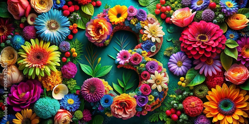 Poster artistic macro photography of the number 3 rendered in an intricate flowery design with vivid colors
