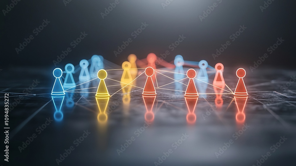 Poster Colorful neon game pieces connected by glowing lines creating a dynamic network of and on a dark reflective surface  Conceptual for teamwork innovation and digital technology