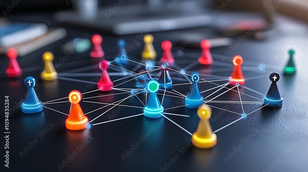 Aufkleber Bright neon game pieces connected in a glowing web on a black surface representing a futuristic and dynamic digital network or technological system
