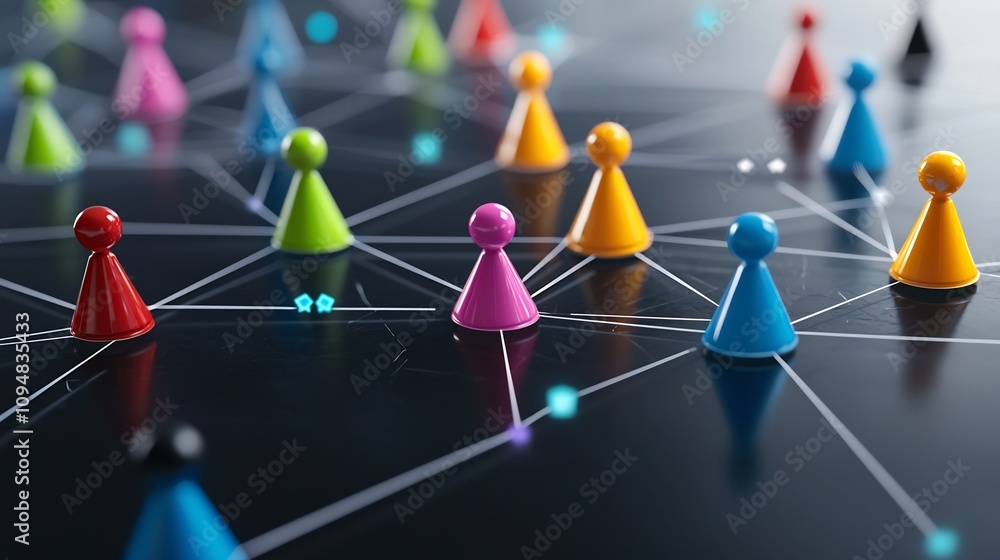 Aufkleber Vibrant neon game pieces interconnected by bright luminous lines forming a dynamic network pattern on a glossy black background   creating a futuristic high tech social connection concept