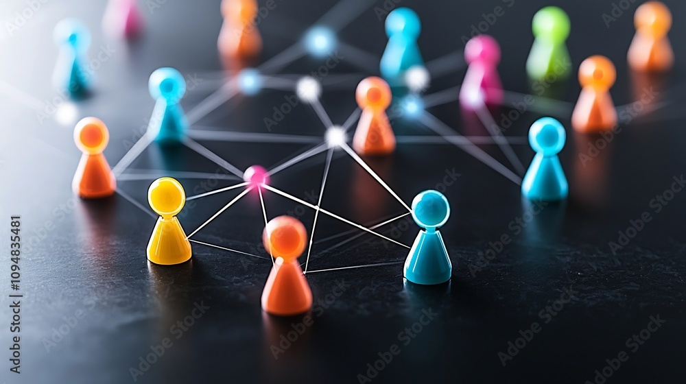 Fototapete Visually striking neon network of colorful interconnected game pieces linked by glowing lines on a sleek