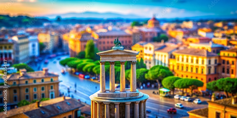 Poster Artistic Representation of Roman Numerals III in Tilt-Shift Photography Style for a Unique Perspective on Number Three in a Vibrant Urban Setting