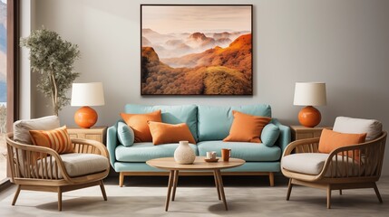 Vibrant Scandinavian living room featuring a teal sofa and terracotta armchairs. Artistic accents highlight the modern interior.