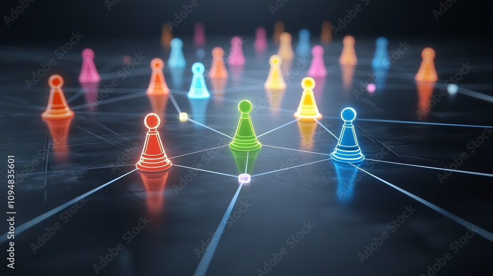 Fototapete Vibrant neon network of interconnected colorful game pieces linked by bright glowing lines on a sleek glossy black background creating a high tech social connection and digital technology concept