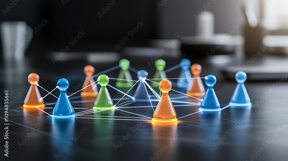Aufkleber vibrant neon network of interconnected game pieces in shades of blue orange green and yellow against