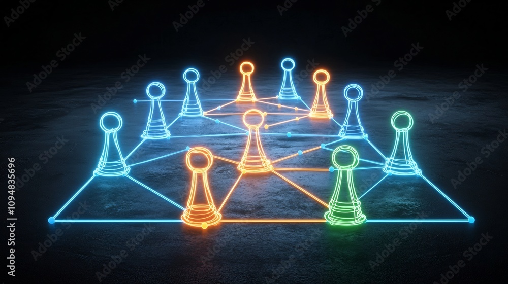 Poster Mesmerizing abstract design featuring a glowing neon network of interconnected game pieces in a vibrant palette of blue orange green and yellow set against a sleek black background