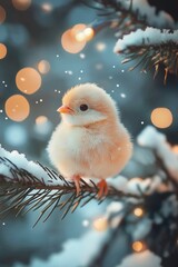 A fluffy chick sits on a snow-covered branch, symbolizing innocence and the beauty of winter.