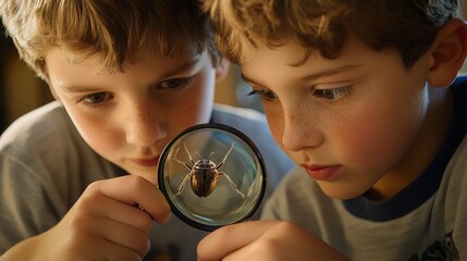 Fototapeta premium Curious Twin Boys Examining Bug with Magnifying Glass, Childhood Exploration Concepts