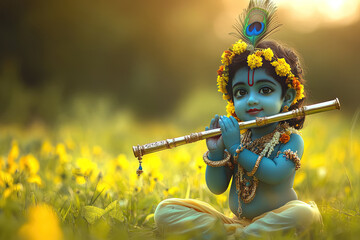 Cute baby Lord Krishna plays th in a green field with yellow flowers, in a cartoon style, fantasy background, 3D rendering. peacock feather on his head, blue or black skin tone. Hinduism Hare Krishnas