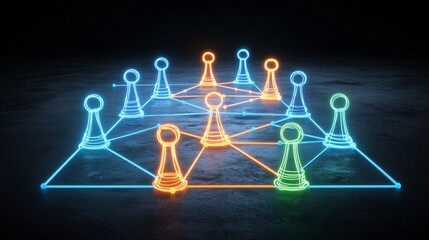 Mesmerizing abstract design featuring a glowing neon network of interconnected game pieces in a vibrant palette of blue orange green and yellow set against a sleek black background