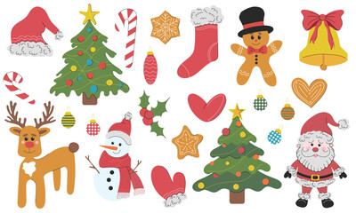 Set of vector Christmas illustrations on white background. Hand drawn flat colored icon. Reindeer, santa claus, gingerbread cookies, christmas tree, stocking, glove, candy cane, jingle bells