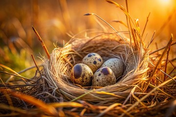 Obraz premium A Serene Double Exposure of a Dunlin Nest with Four Eggs Surrounded by Dry Grass, Capturing Nature's Beauty in a Harmonious Blend of Wildlife and Landscape