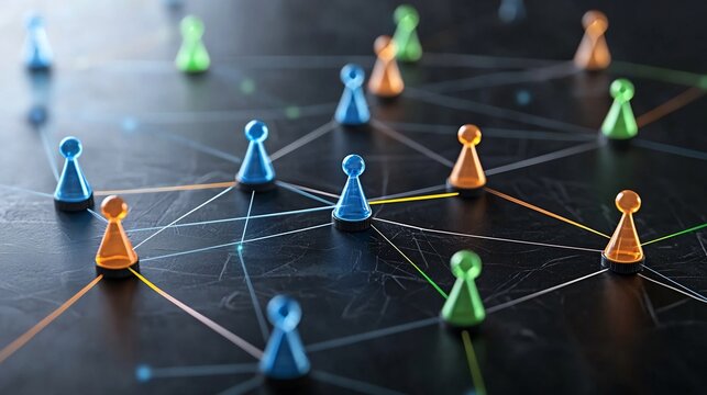 Glowing neon network of game pieces in blue orange green and yellow connected by bright lines on a black surface creating a futuristic and technological backdrop