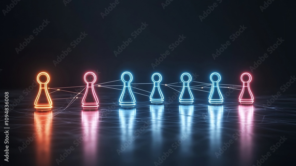 Poster Futuristic neon network of interconnected game pieces on a glossy black background symbolizing the power of digital innovation in the age of technology