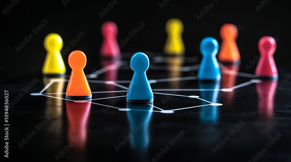 Poster futuristic digital depicting a network of luminous neon game pieces in vibrant colors arranged on a 