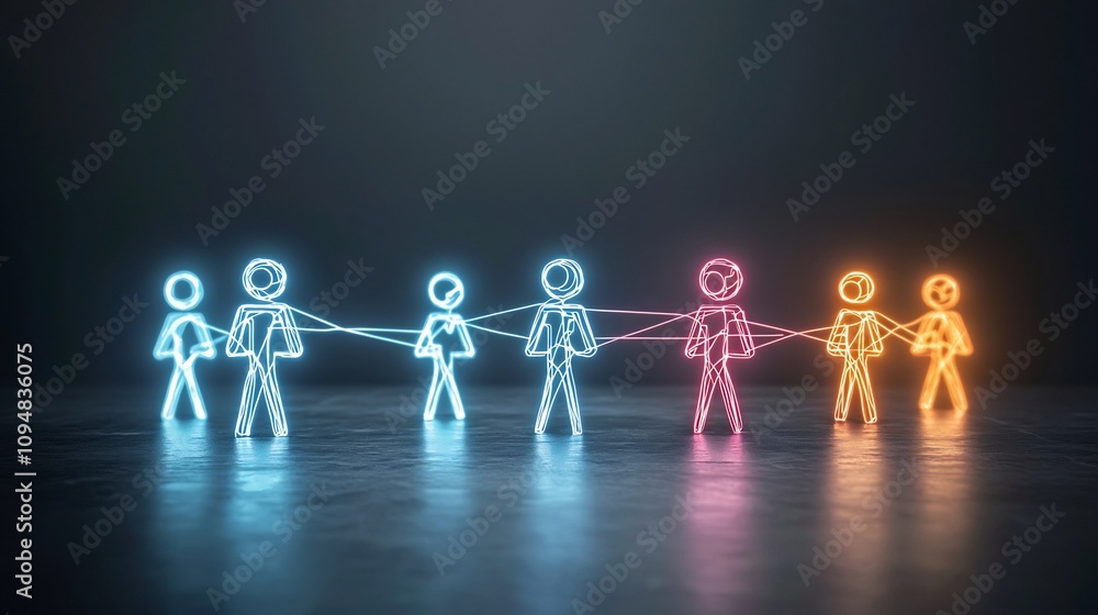 Poster Colorful neon network of game pieces linked by glowing lines on a sleek black surface representing a futuristic concept of social networking and digital connectivity