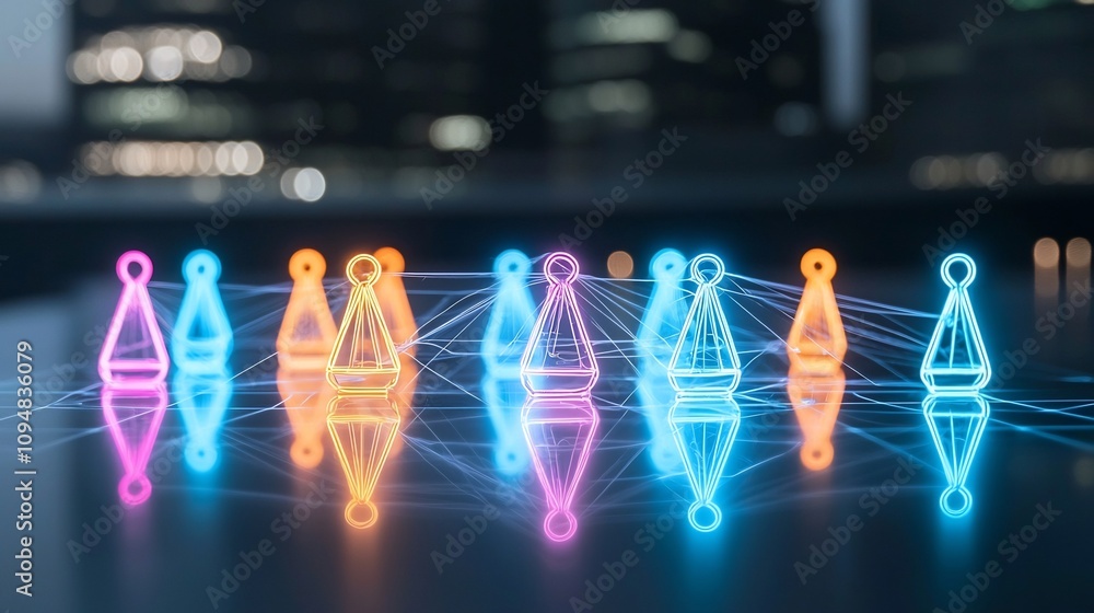 Poster Vibrant neon colored game pieces forming an interconnected network on a reflective black surface symbolizing the dynamic and modern nature of social interaction in the digital age