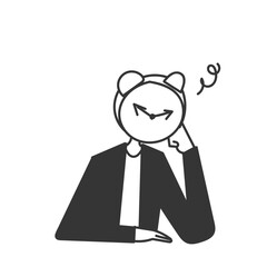 person with alarm clock head and face feeling worried and confused in doodle drawn sketch cartoon