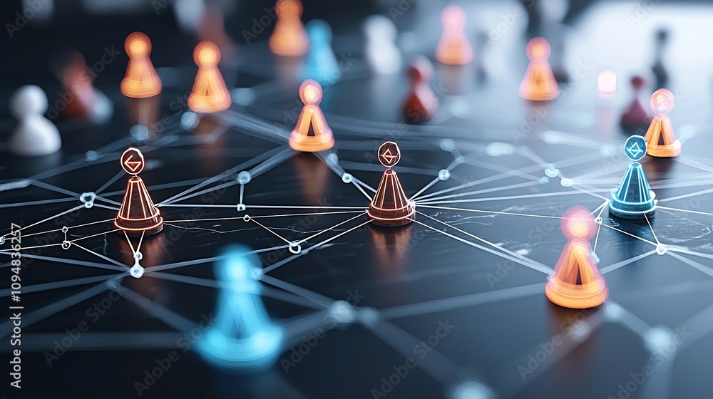 Poster Neon game pieces connected by glowing lines on a black background representing the concept of and in a futuristic high tech style