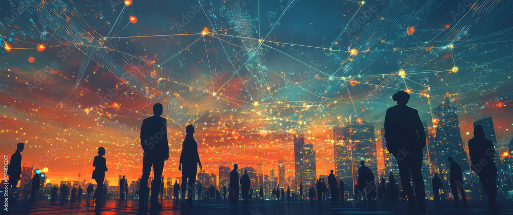 Poster a digital artwork depicting silhouettes representing people in business attire, interconnected by gl