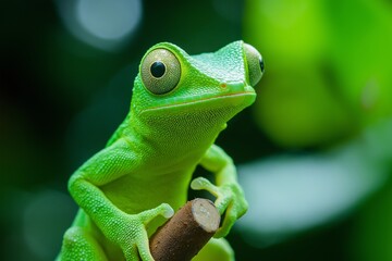 Obraz premium A striking portrait of a green frog capturing its vivid colors and detailed features in the nature backdrop.