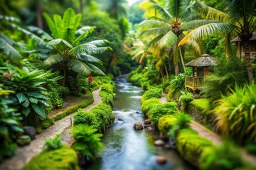 Fototapeta premium A Serene Tilt-Shift View of a Small Stream in Ubud, Bali, Surrounded by Lush Greenery and Tropical Flora, Capturing the Essence of Paradise and Tranquility in Nature's Embrace