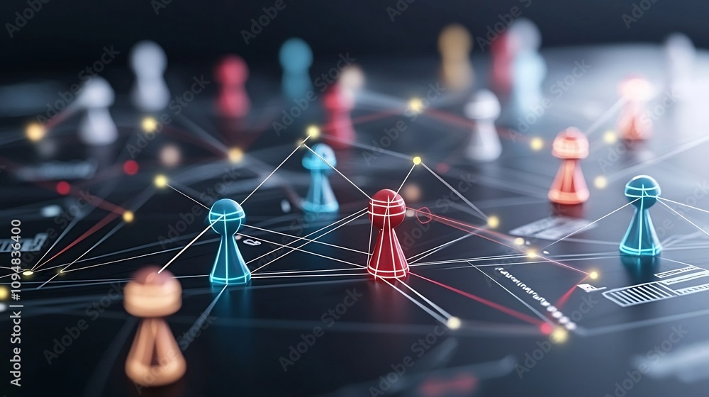 Poster Neon game pieces connected by glowing lines on a black background representing the concept of and technology in a futuristic high tech digital visualization