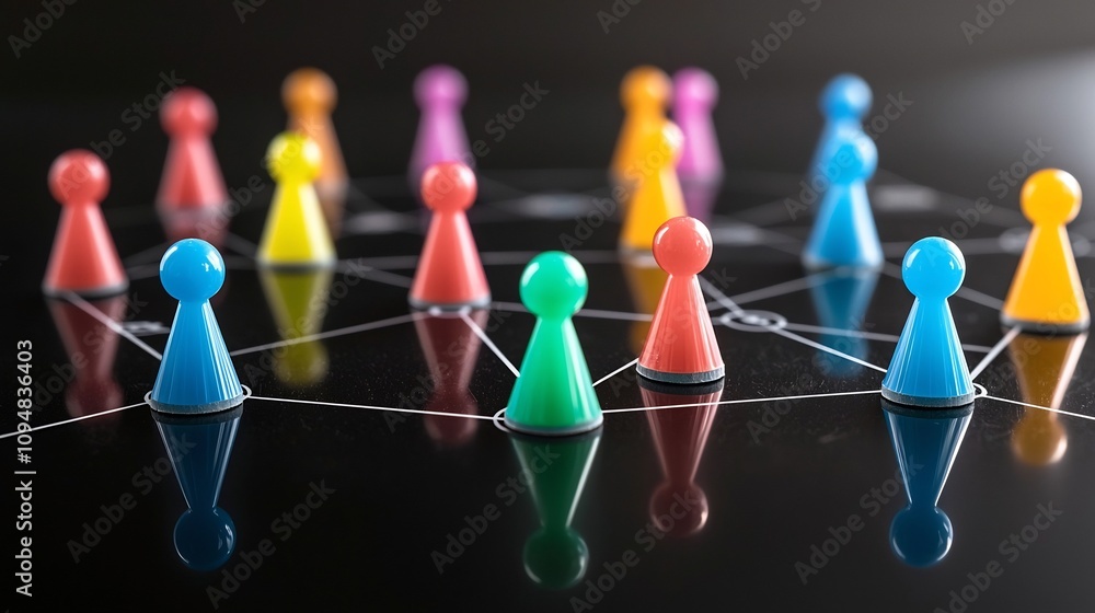 Leinwandbilder vibrant neon network of interconnected game pieces in a variety of colors on a reflective black surf