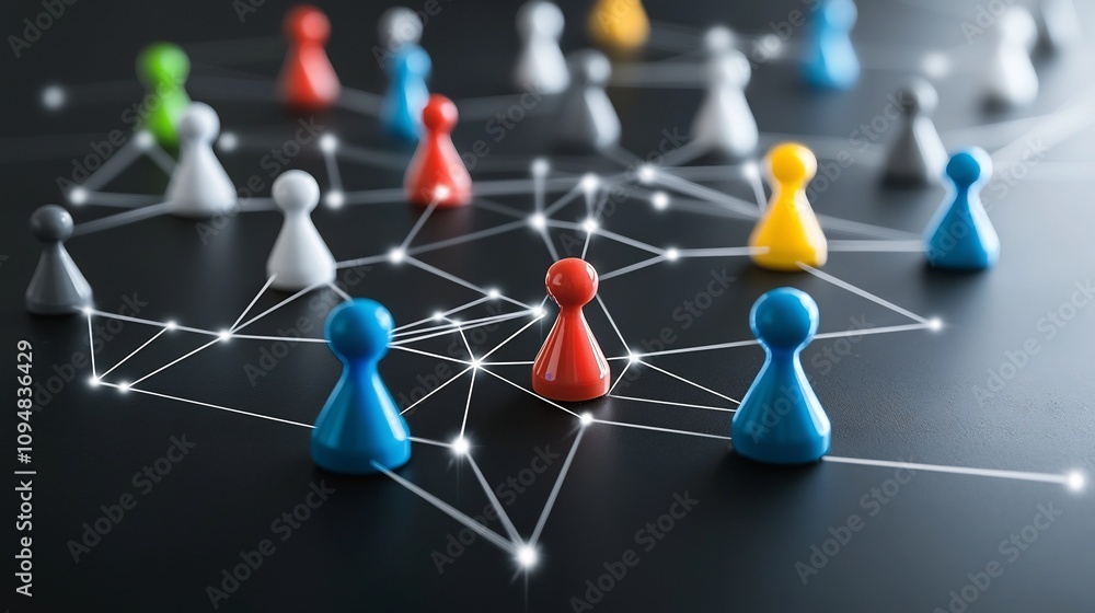 Aufkleber Visualization of futuristic neon game pieces connected by glowing lines on a dark background representing the concept of and connectivity in a high tech digital environment