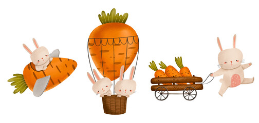 Rabbit with wooden cart and carrots, spaceship and hot air balloon. Transport and harvest. Cartoon easter illustration on isolated background. Kids design