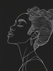 simple white line drawing of a black woman, black background.