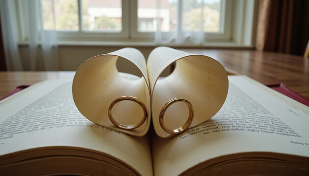 Wedding rings on open book pages with cozy window background and soft lighting