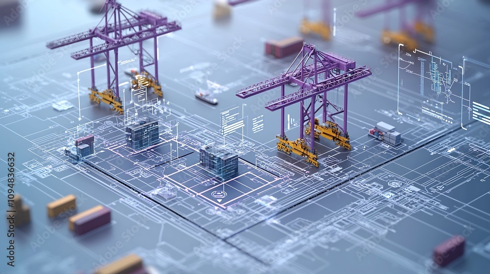 Poster Aerial View of a Bustling Port Showcasing Towering Cranes Stacked Containers and Floating Digital Network Nodes Amidst a Sleek Purple Blue Industrial Tone