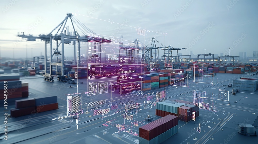 Poster Aerial view of a bustling port with containers and cranes showcasing a futuristic communication network featuring interactive 3D data elements in a stunning purple blue tone