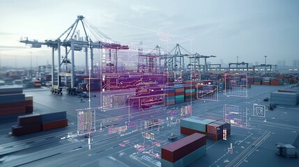 Aerial view of a bustling port with containers and cranes showcasing a futuristic communication network featuring interactive 3D data elements in a stunning purple blue tone