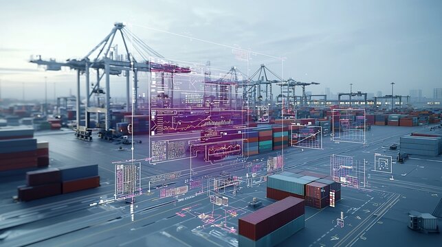Aerial view of a bustling port with containers and cranes showcasing a futuristic communication network featuring interactive 3D data elements in a stunning purple blue tone