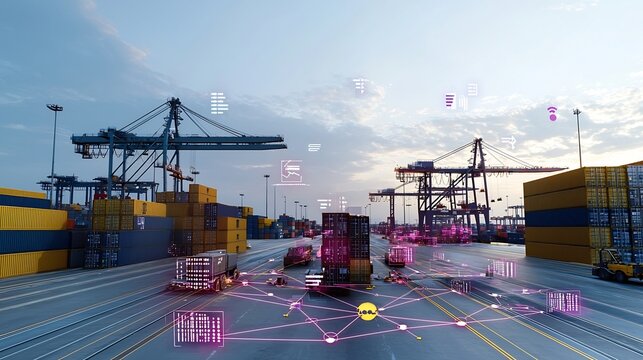 Aerial view of a modern port with cargo containers cranes and a futuristic communication network featuring interactive 3D data elements in a purple blue tone