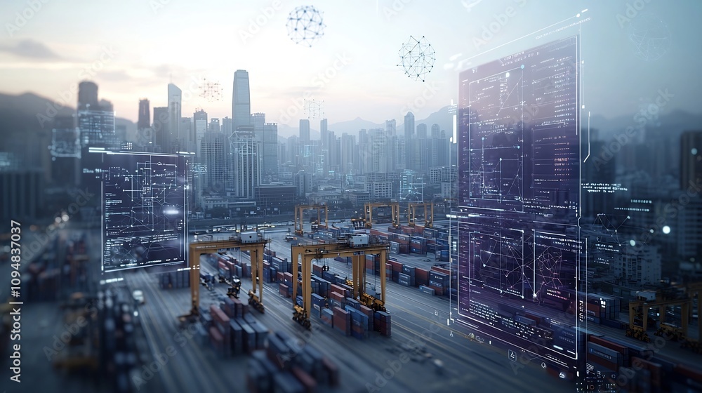 Fototapete Aerial view of a bustling port with shipping containers cranes and a modern cityscape in the background  The scene is overlaid with 3D floating data graphs and networks