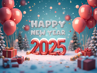 Happy New Year 2025 Template with Balloons, Confetti, Fireworks, Ribbon, Gifts, Snow, & Festive Winter Decorations. 
Creative elegant New Year Greeting Card, Banner, Background 3D Design Holiday style