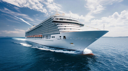 Cruise ship navigating through clear waters under a bright blue sky